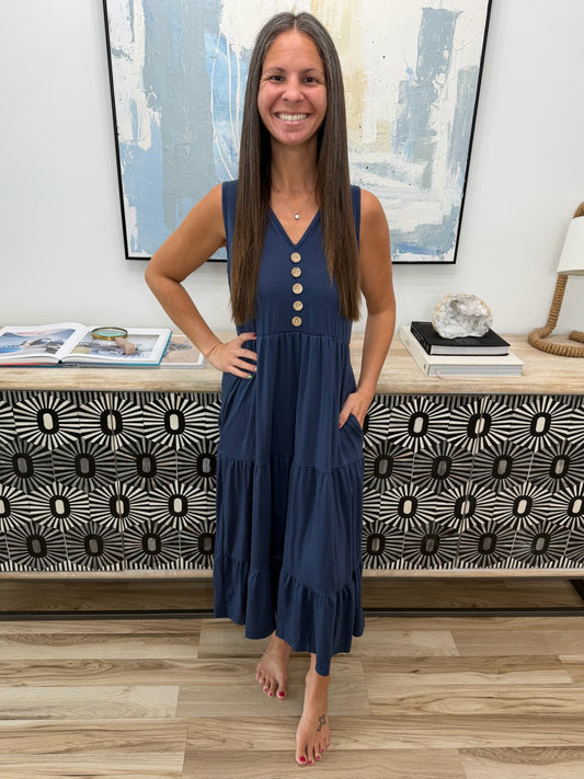Sleeveless Notched Tiered Midi Dress