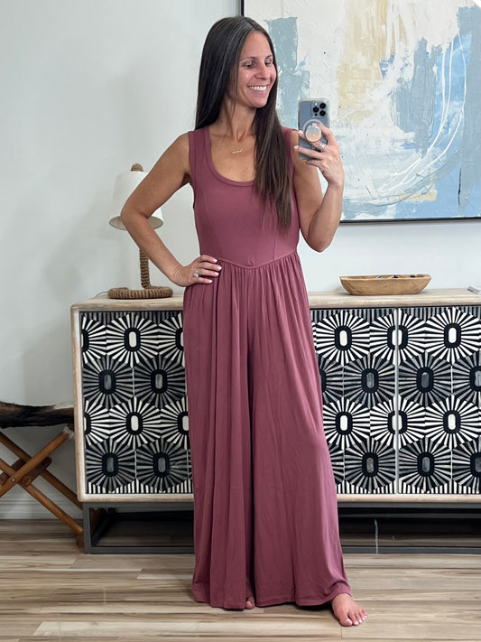 Head to Toe Whoa Gathered Wide Leg Jumpsuit in Mauve