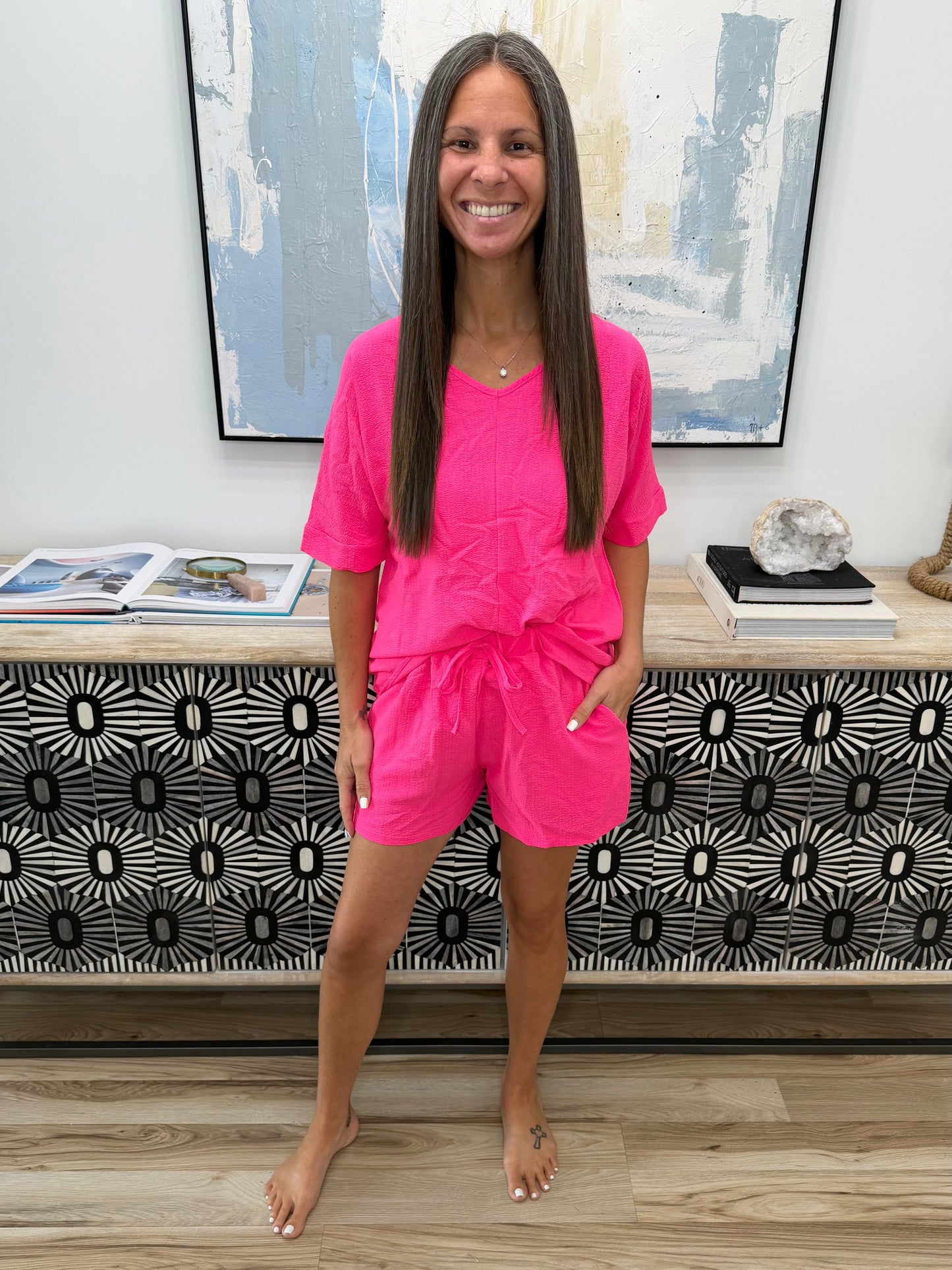 Relaxed Fit V-Neck Top and Shorts Two-Piece Set