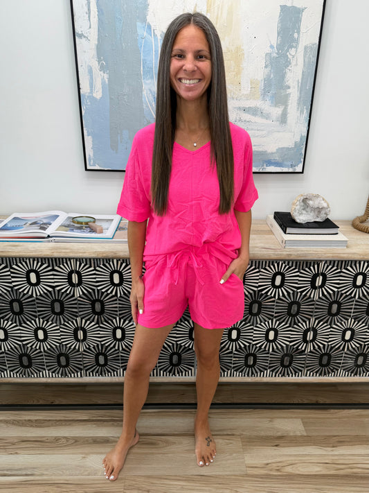 Relaxed Fit V-Neck Top and Shorts Two-Piece Set