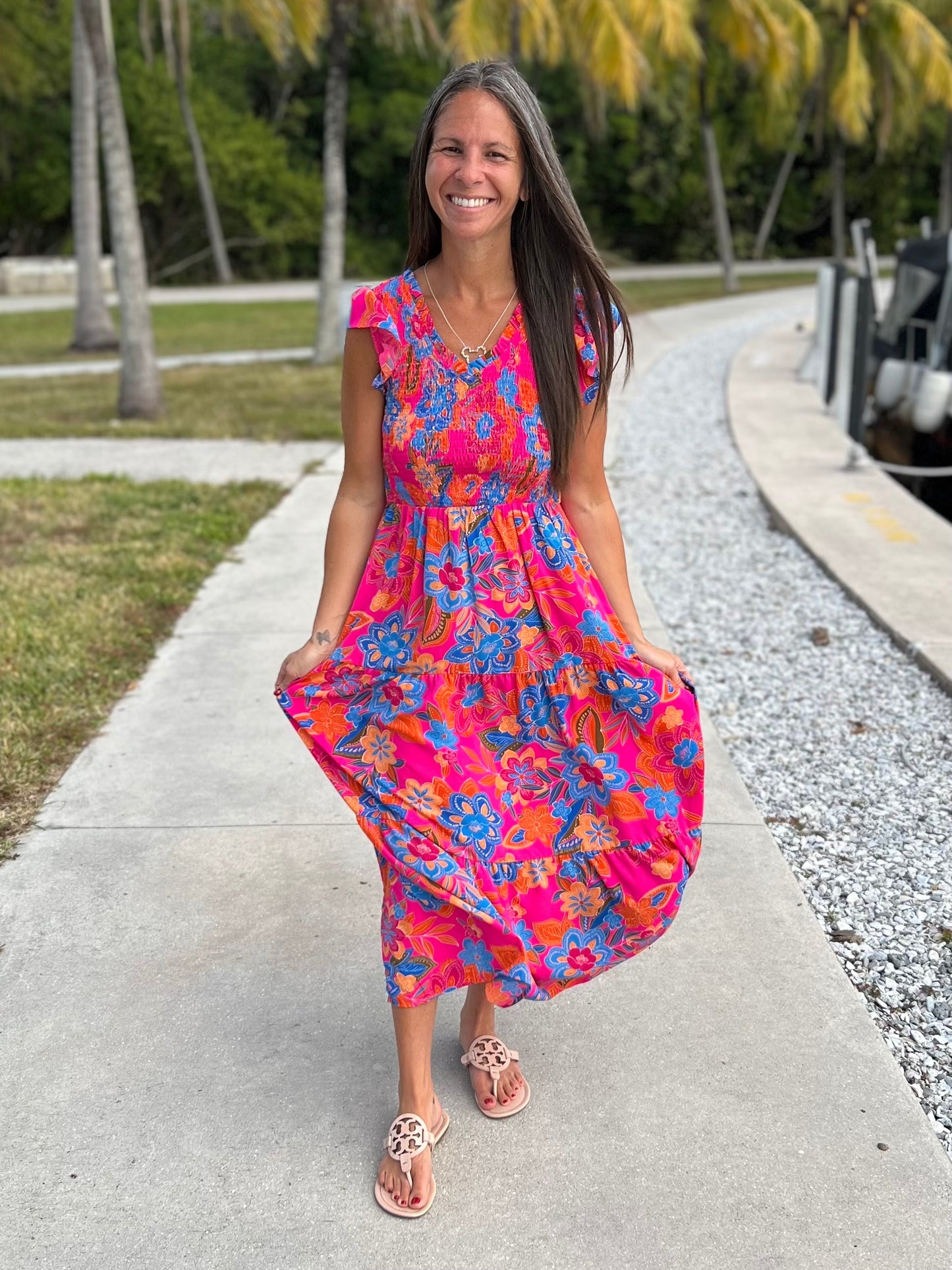 Printed V-Neck Cap Sleeve Pocketed Midi Dress