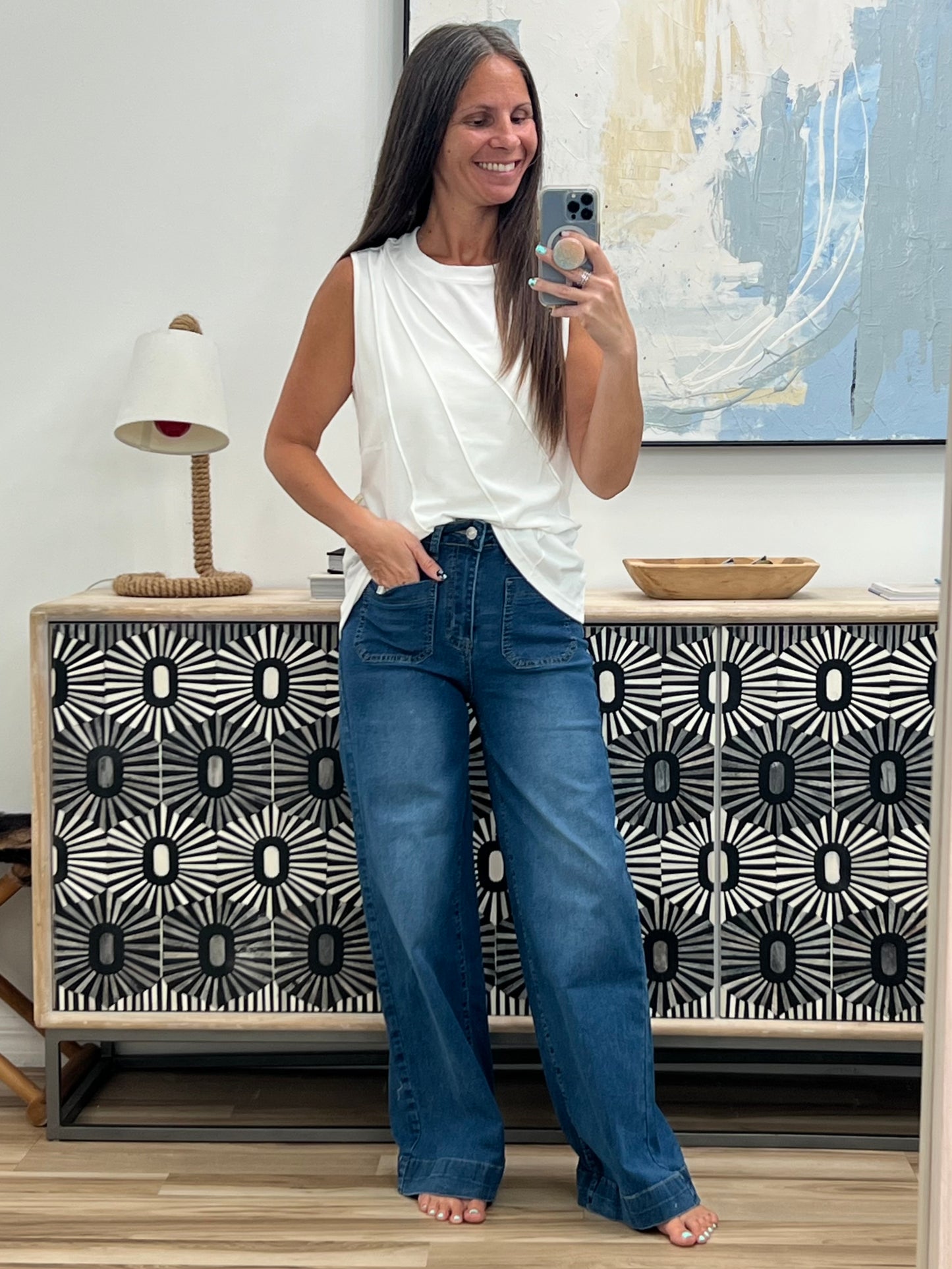 High Rise Front Pocket Patch Wide Leg Jeans