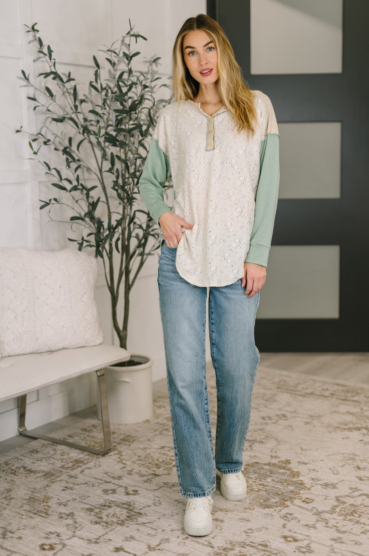 Because I Can Drop Shoulder Henley Top