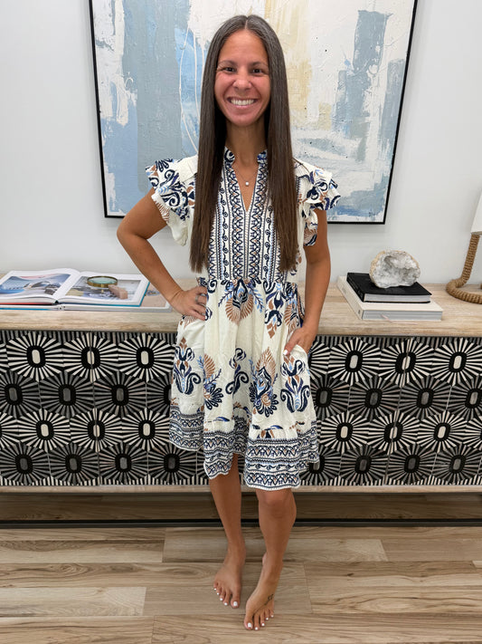 Boho Western Floral Printed Split Neck Ruffled Sleeve Mini Dress