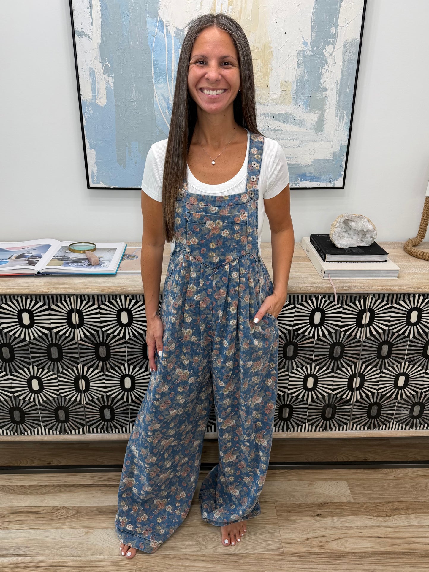 Floral Print Wide Leg Denim Overalls