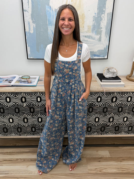 Floral Print Wide Leg Denim Overalls