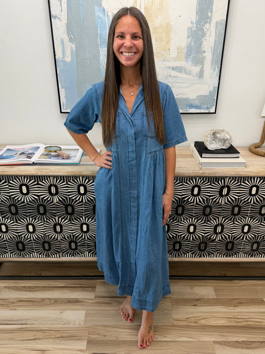 Full Size Button Front Denim Midi Dress Plus Size