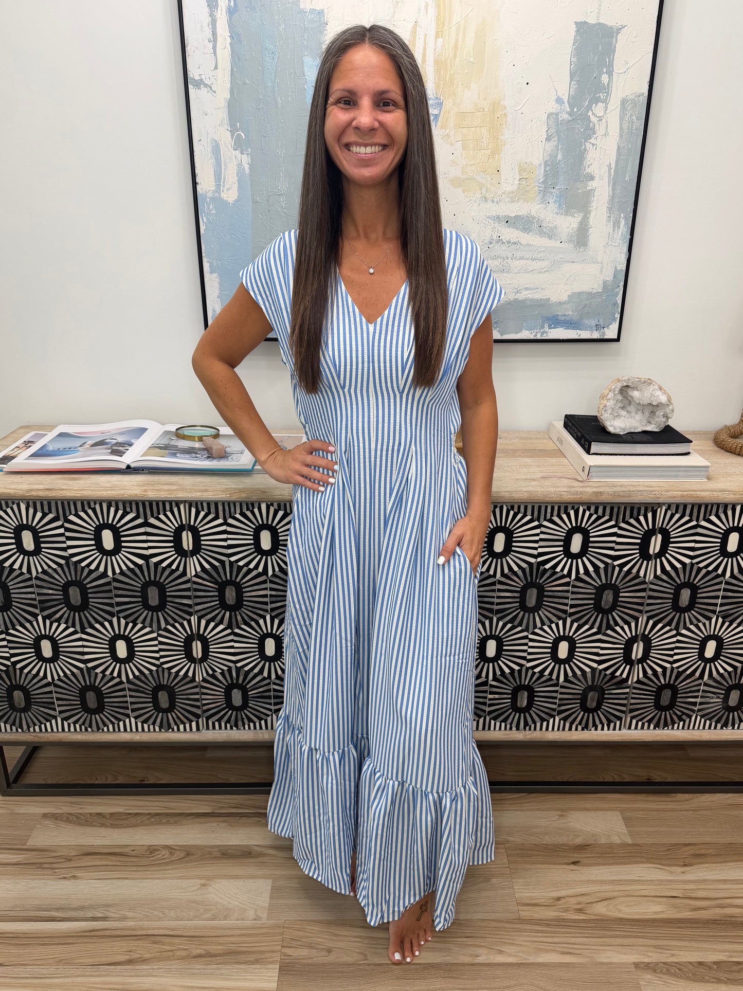 Only Chance Pleated Smock Waist Maxi Dress in Blue