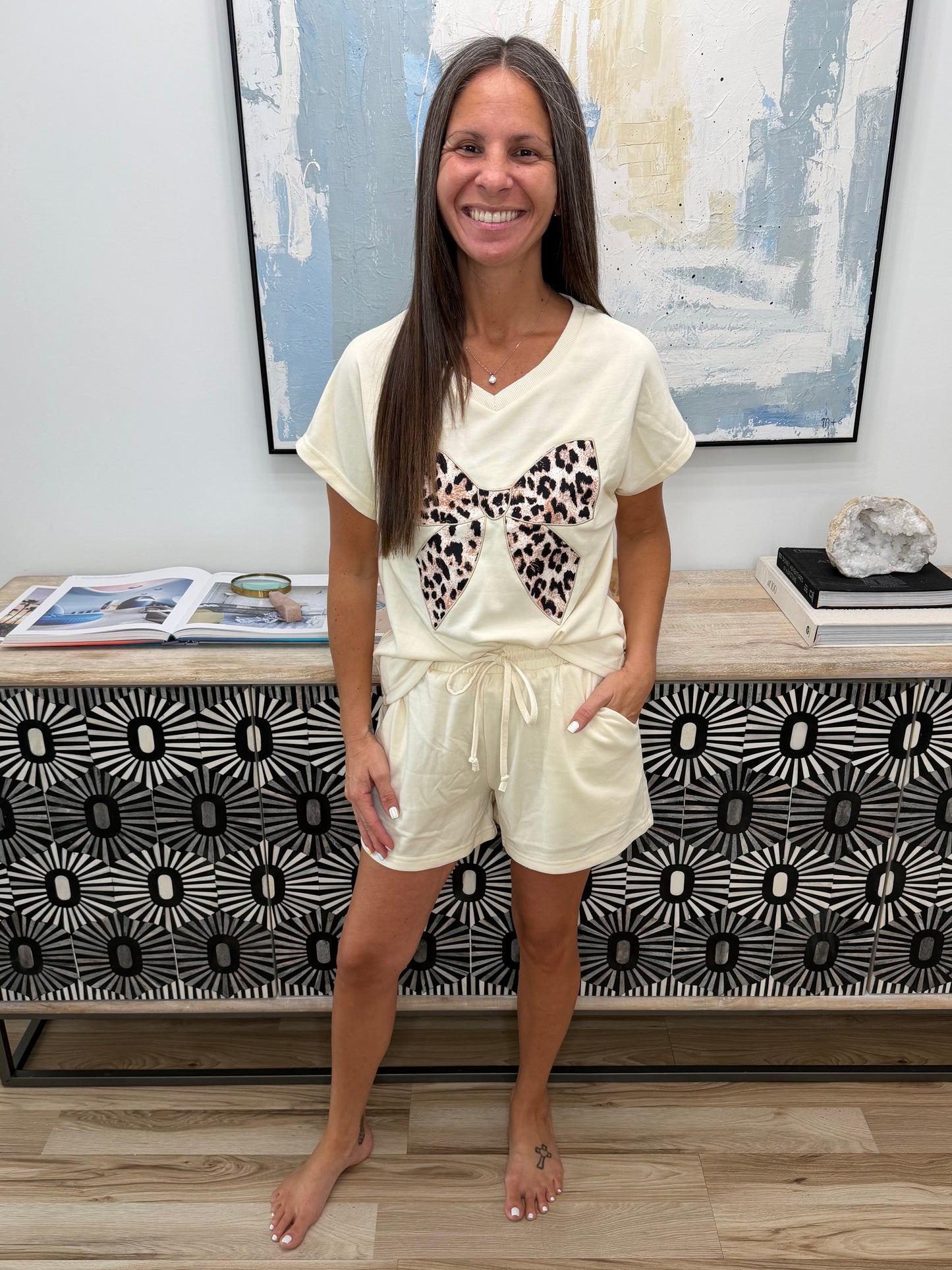 Leopard Bowknot Graphic Tee and Shorts Set