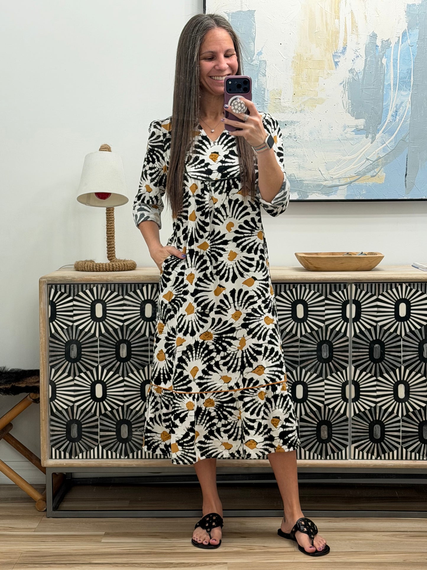 Abstract Floral Print Split Notched Dress