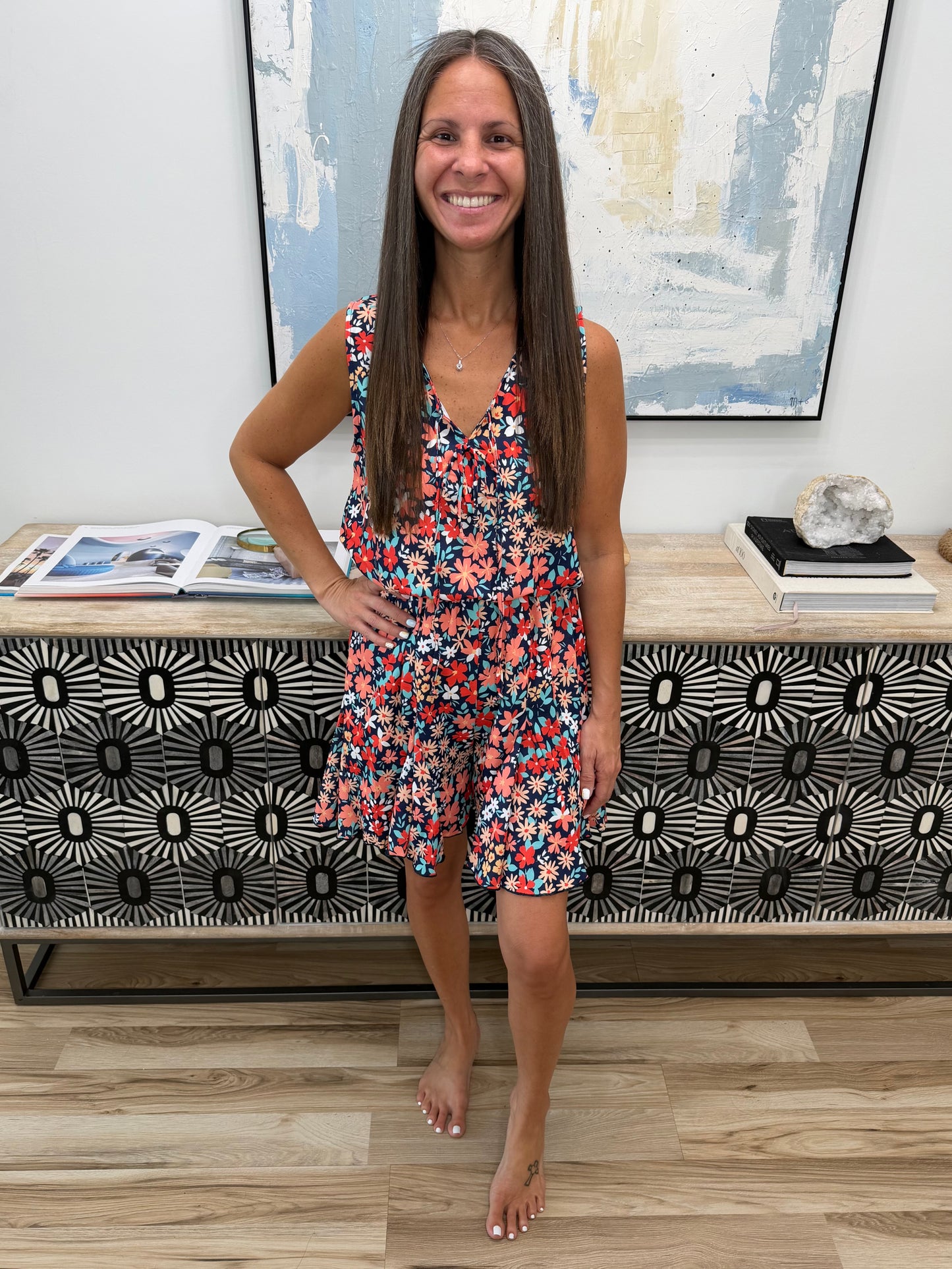Meadow Mischief Sleeveless Romper in Navy/Orange/Teal