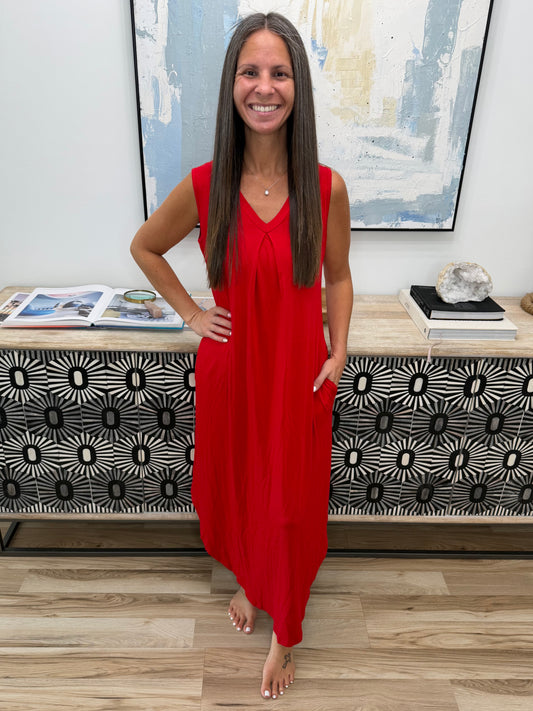 Casual Sleeveless V-Neck Pocket Midi Dress