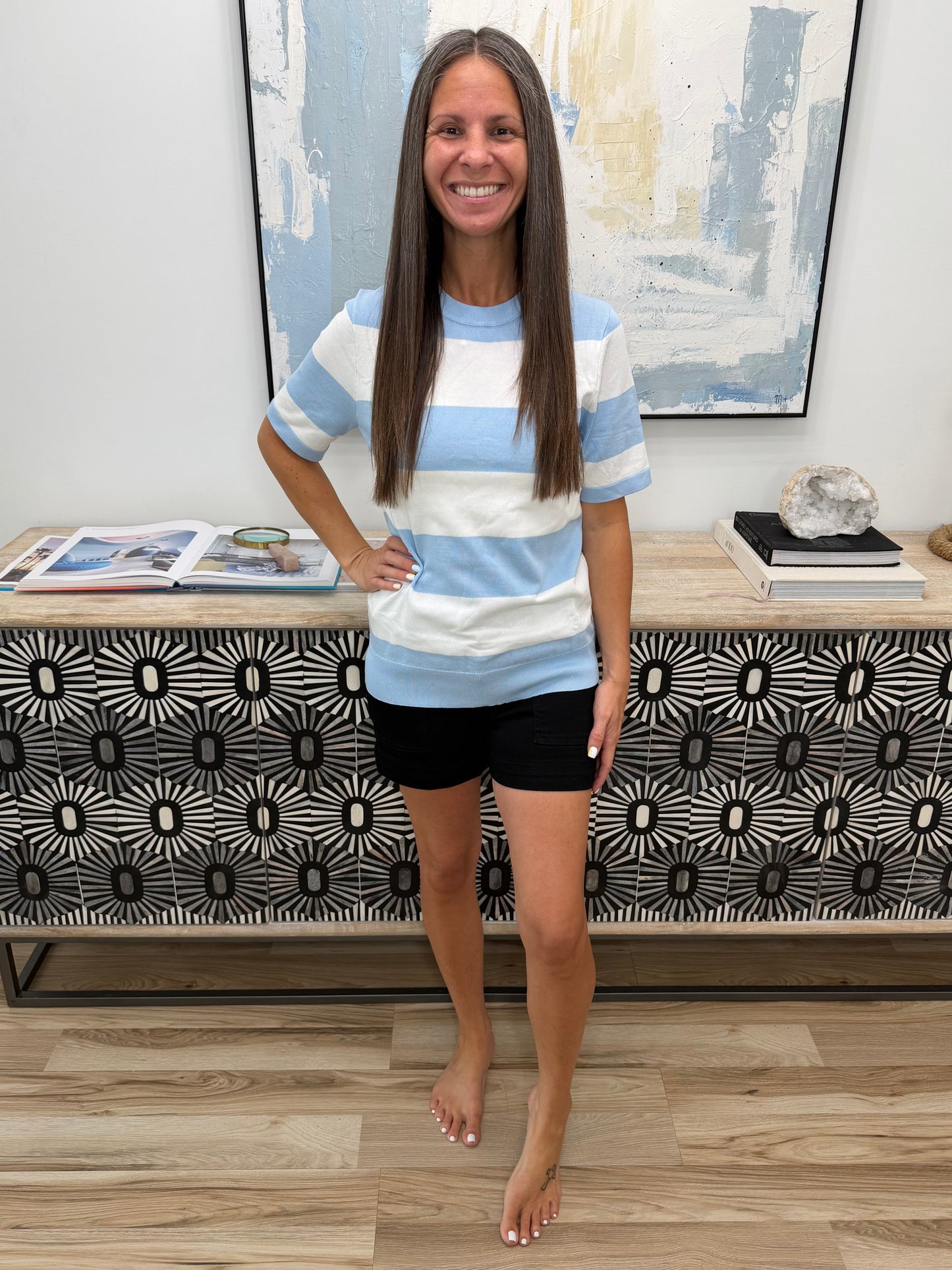 Known for a While Knit Blouse in White and Blue