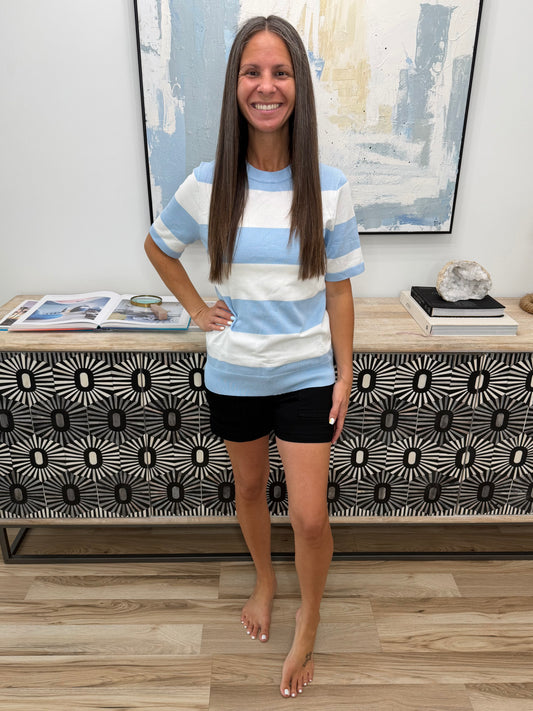 Known for a While Knit Blouse in White and Blue
