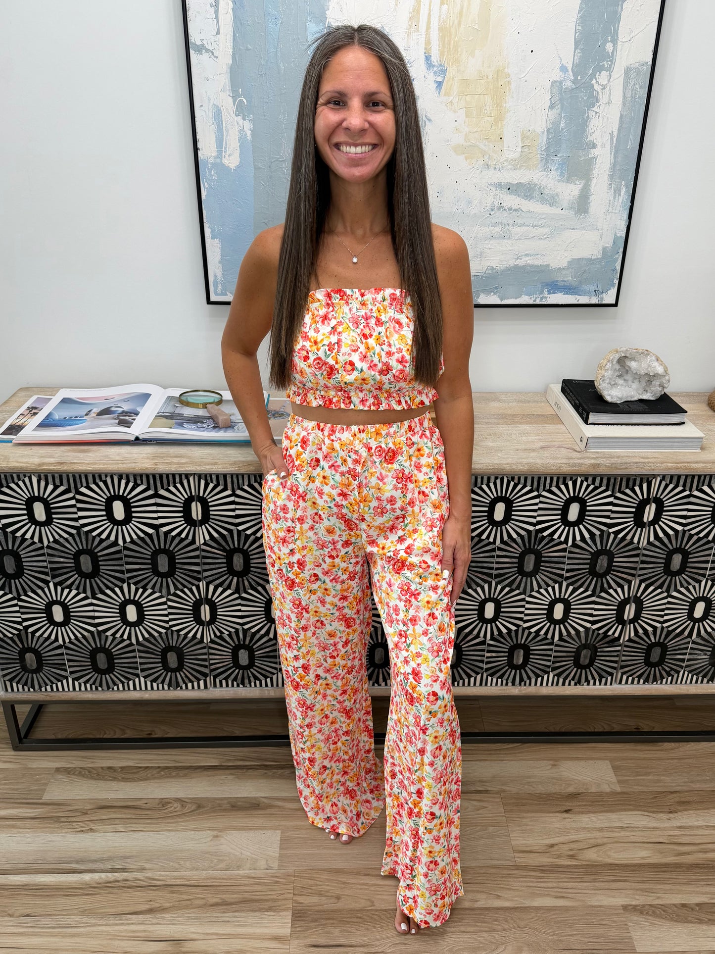 Boho Floral Bandeau Top and High Waist Wide Leg Pants Set
