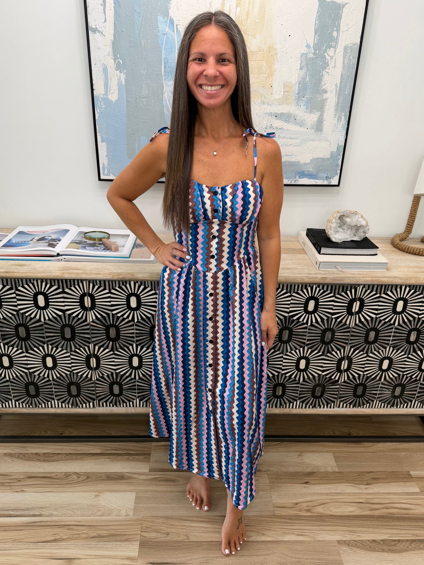 Striped Tie-Shoulder Midi Dress