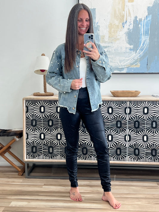 Pearl Trim Raw Hem Denim Jacket