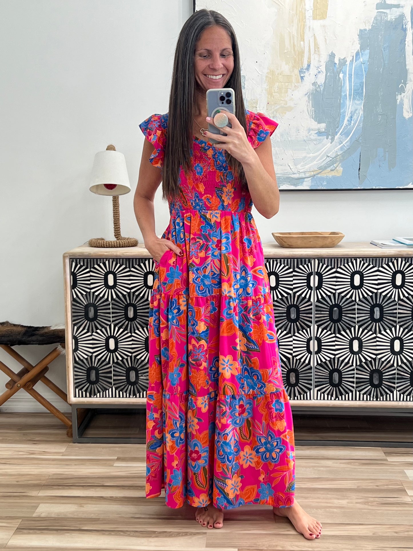Printed V-Neck Cap Sleeve Pocketed Midi Dress