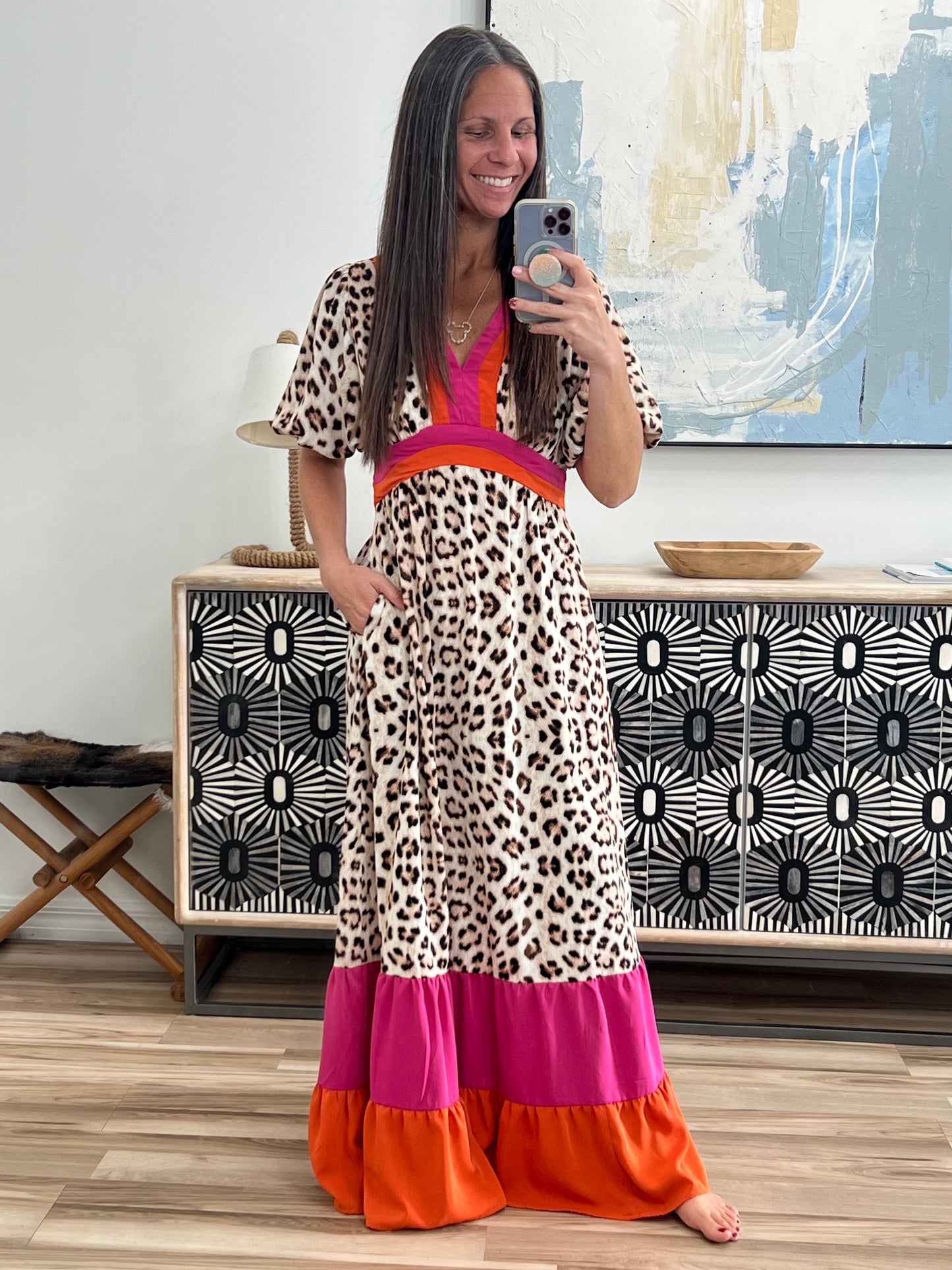 Leopard V-Neck Long Sleeve Maxi Dress