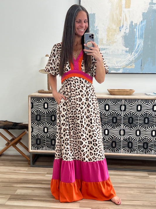 Leopard V-Neck Short Sleeve Maxi Dress
