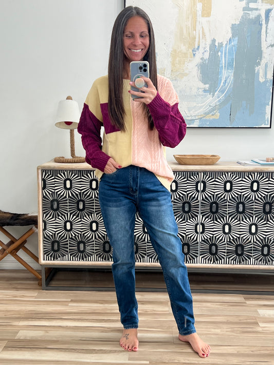 Double Take Color Block Drop Shoulder Sweater