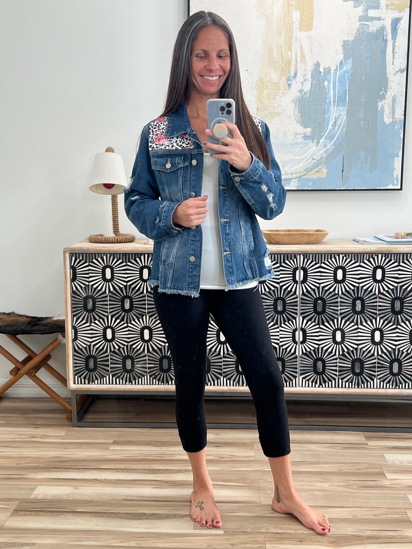 Mixed Print Distressed Button Front Denim Jacket