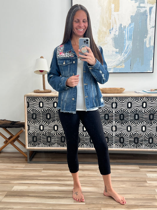 Mixed Print Distressed Button Front Denim Jacket