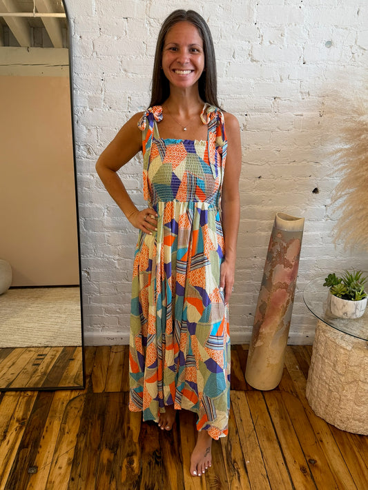 Paint Me Pretty Square Neck Dress in Lime, Blue and Tangerine