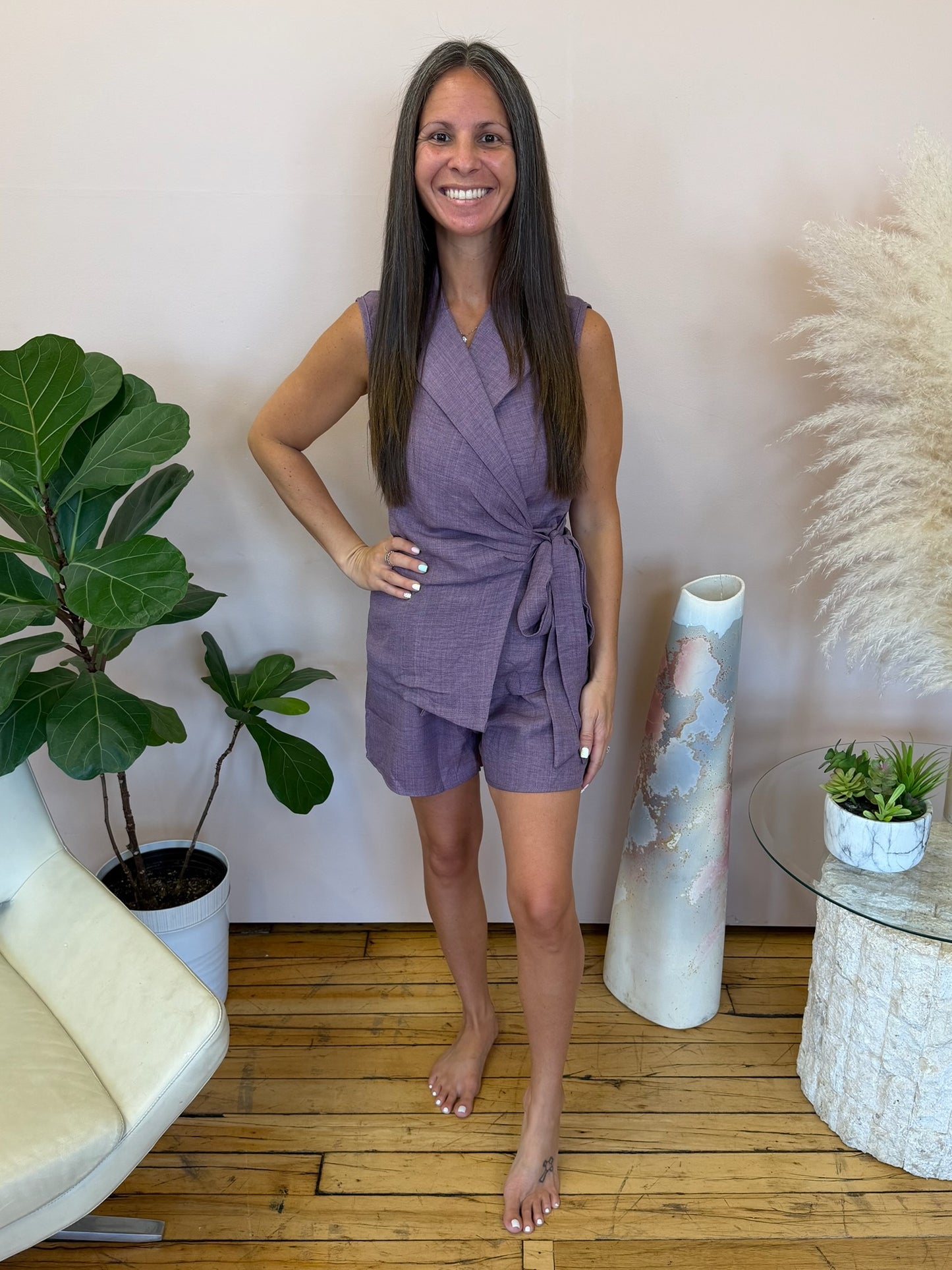 Sleeveless Blazer & Shorts Set with Tie Waist