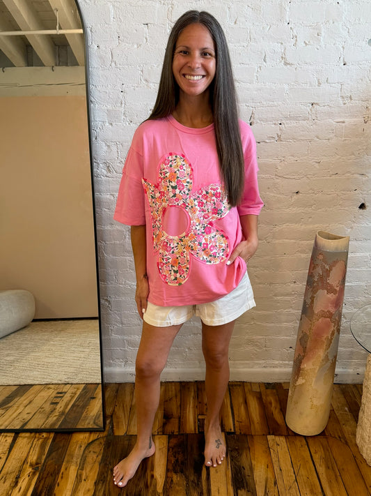 Flower Patched Round Neck Tunic T-Shirt