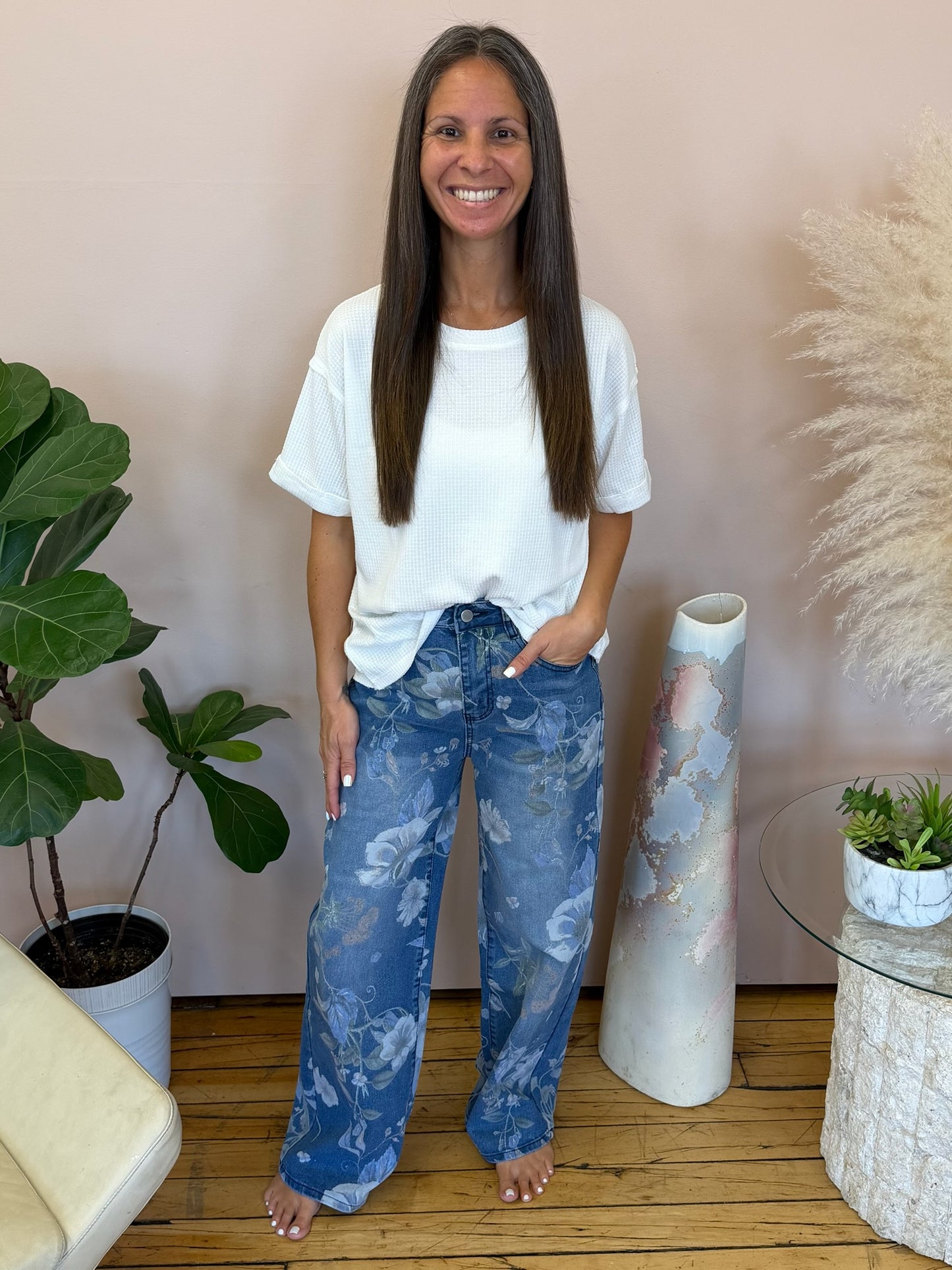 Floral Print Wide Leg Jeans