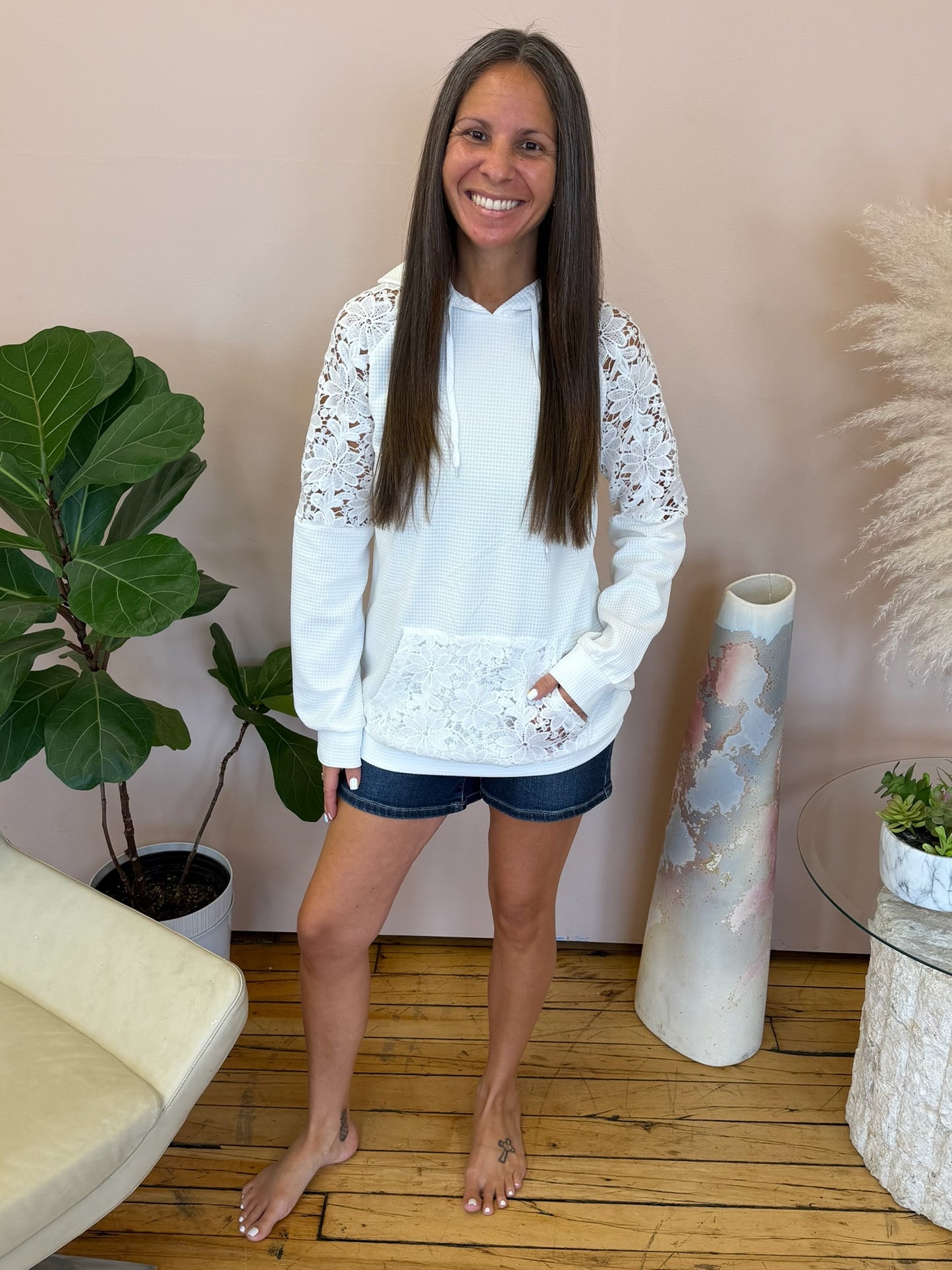 Full Size Lace Trim Waffle Knit Hoodie Plus Size