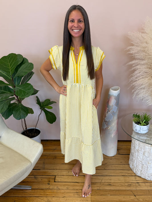Striped Notched Ruffle Sleeve Dress