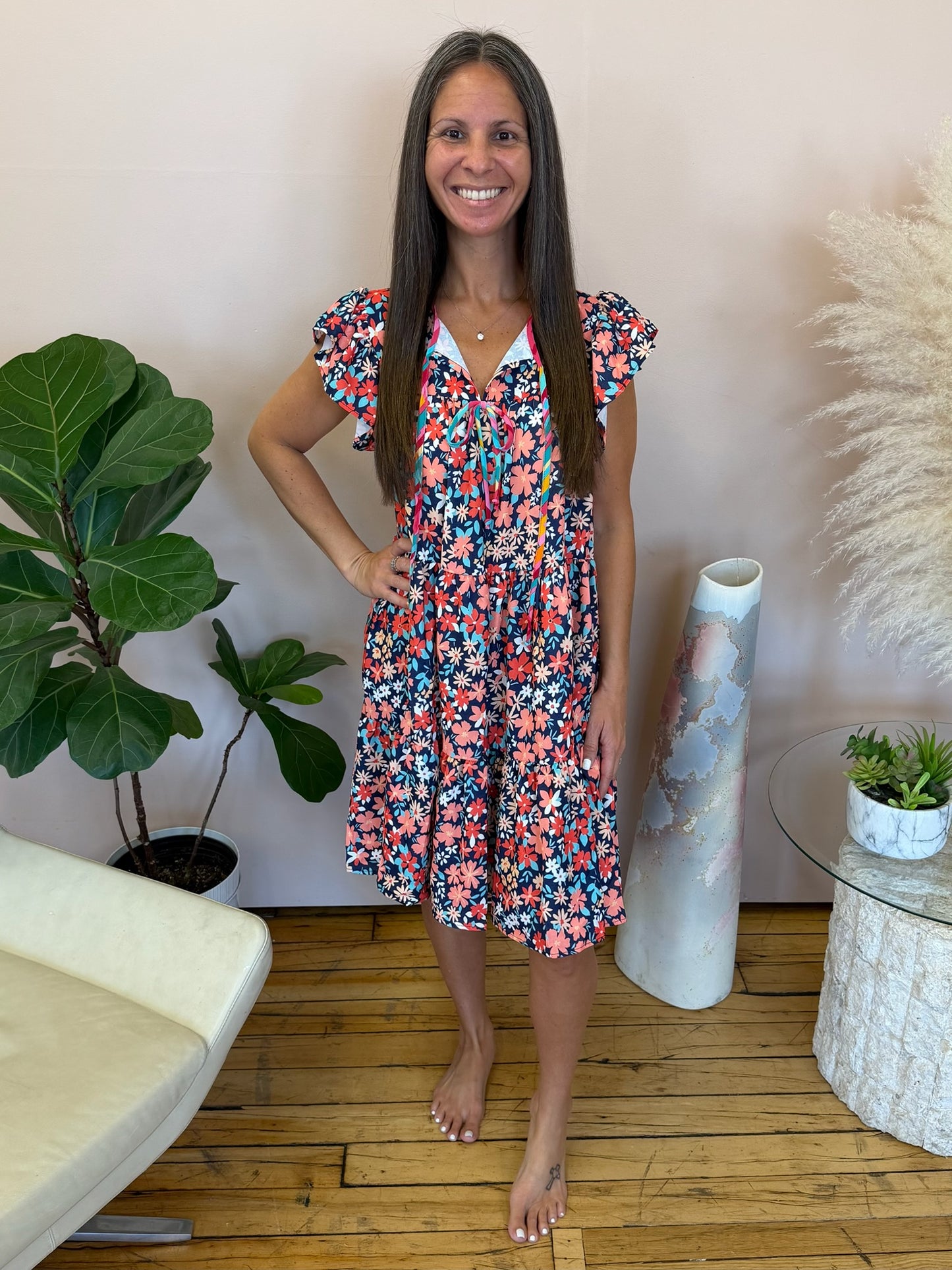 Petal to the Metal Flutter Sleeve Dress in Navy/Coral
