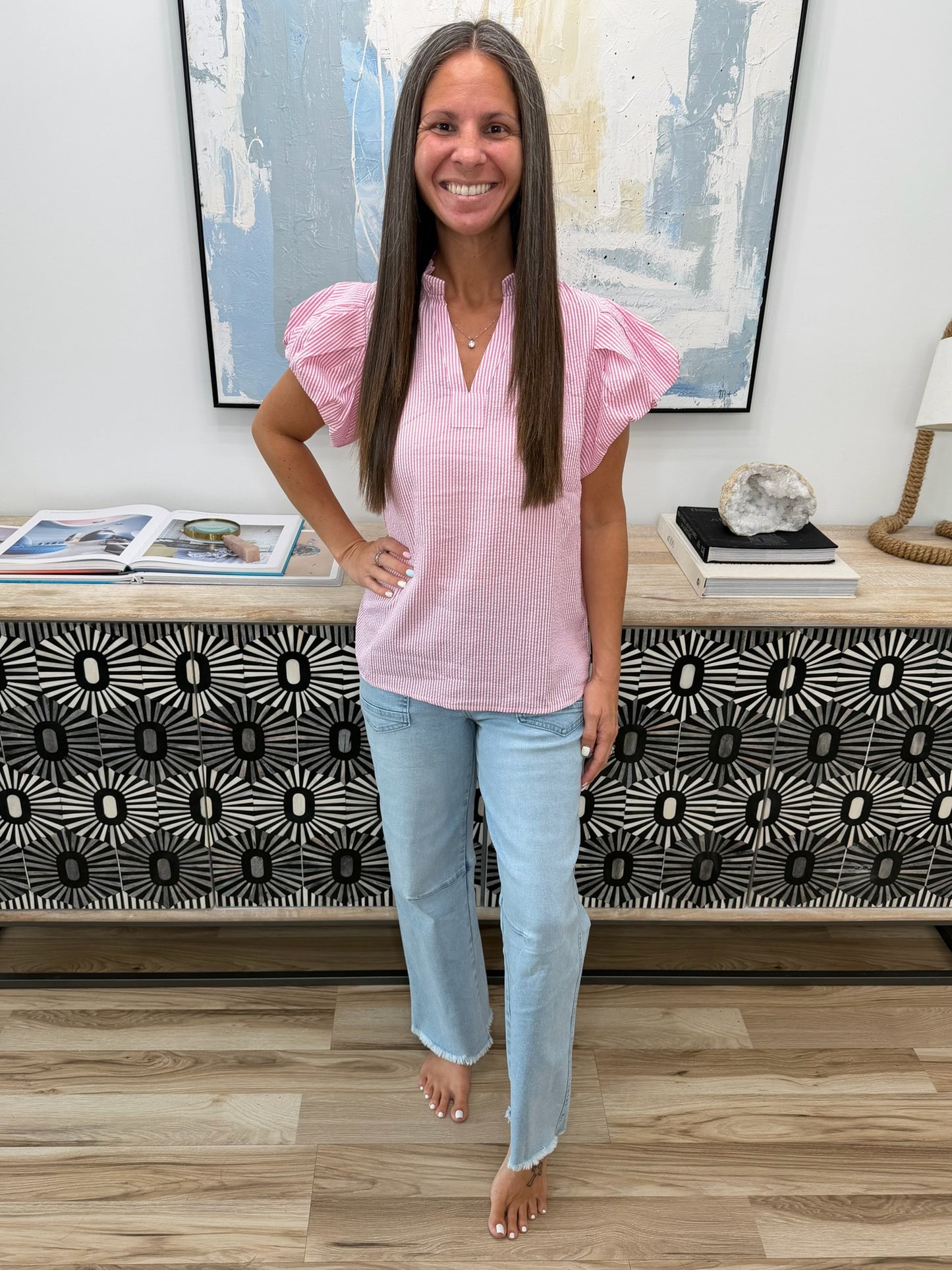 Beauty & Brains Textured Split Neck Blouse