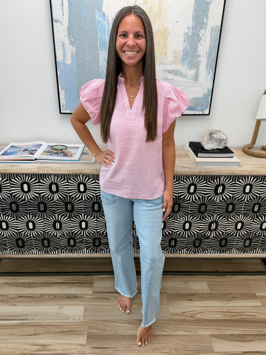 Beauty & Brains Textured Split Neck Blouse