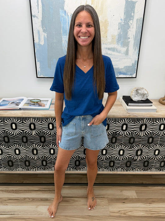 High Rise Patch Pocket Denim Shorts