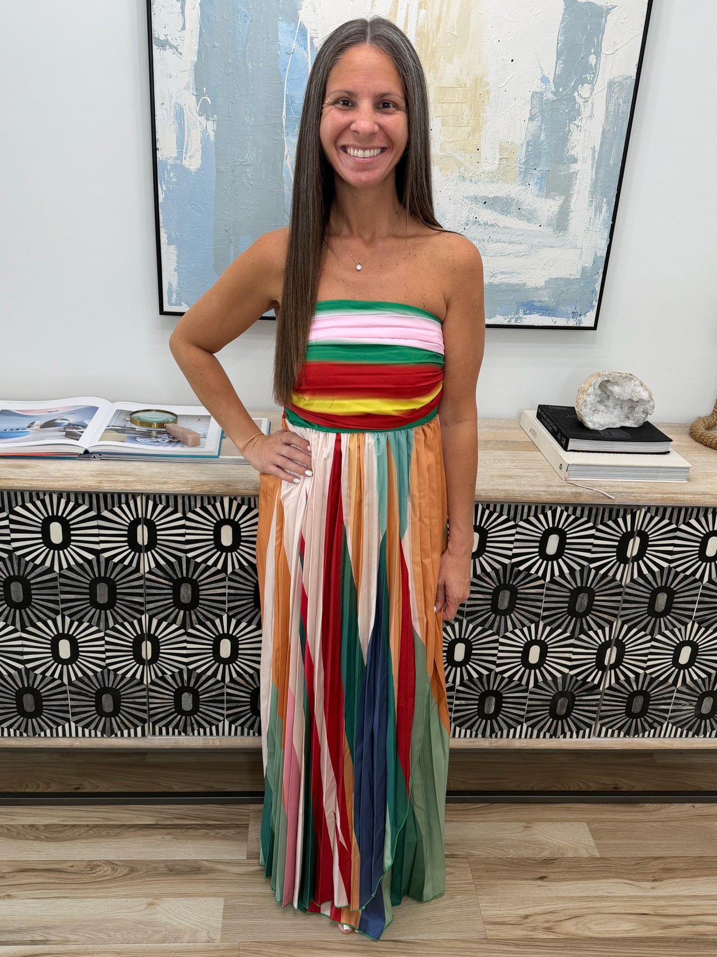 Striped Pleated Strapless Maxi Dress