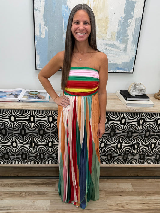 Striped Pleated Strapless Maxi Dress