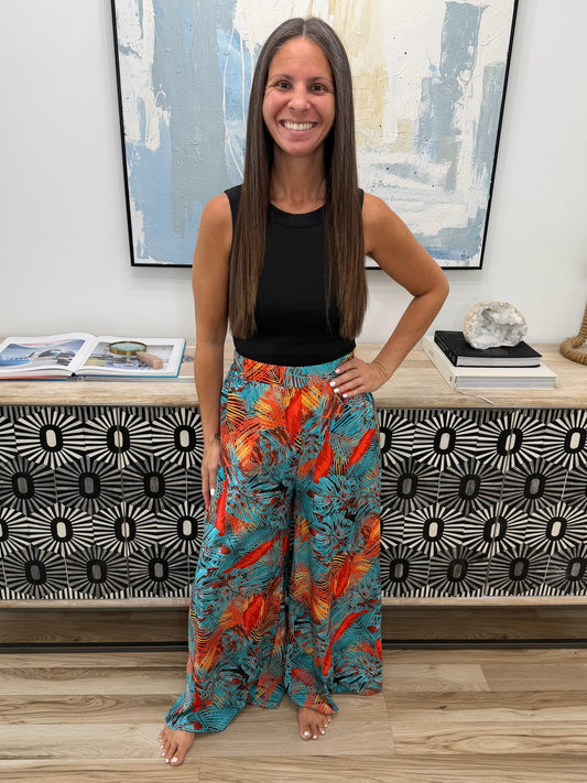 Tropical Print Wide Leg Pants