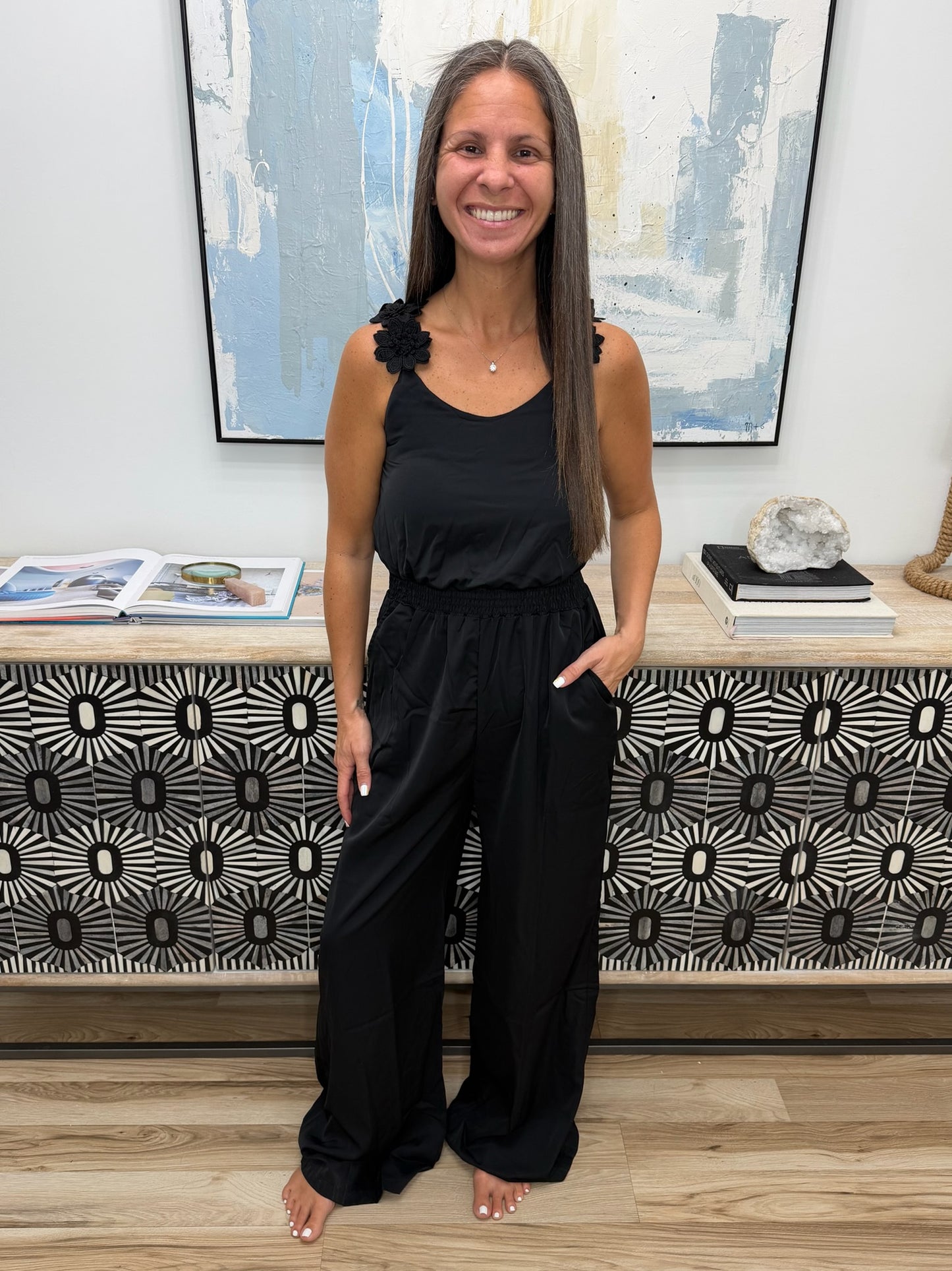 Floral Applique V-Neck Wide Leg Jumpsuit
