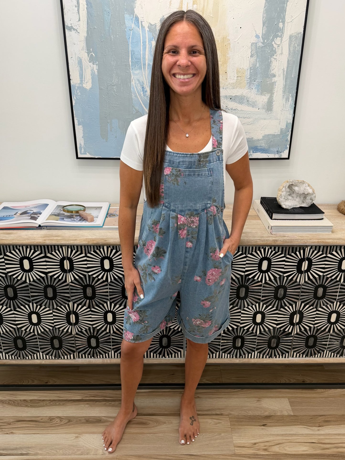 Floral Print Denim Overalls