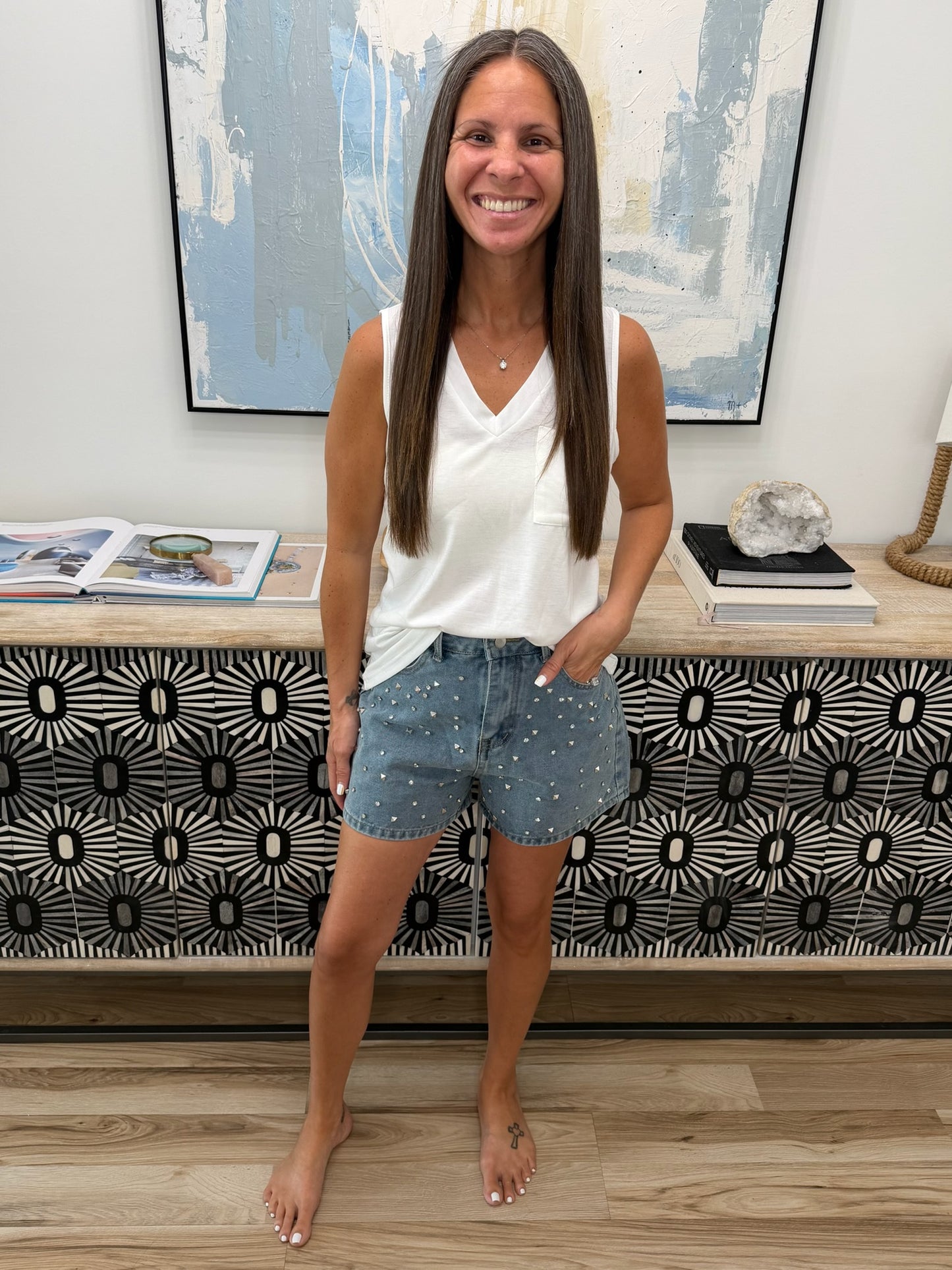 Studded High Waist Denim Shorts
