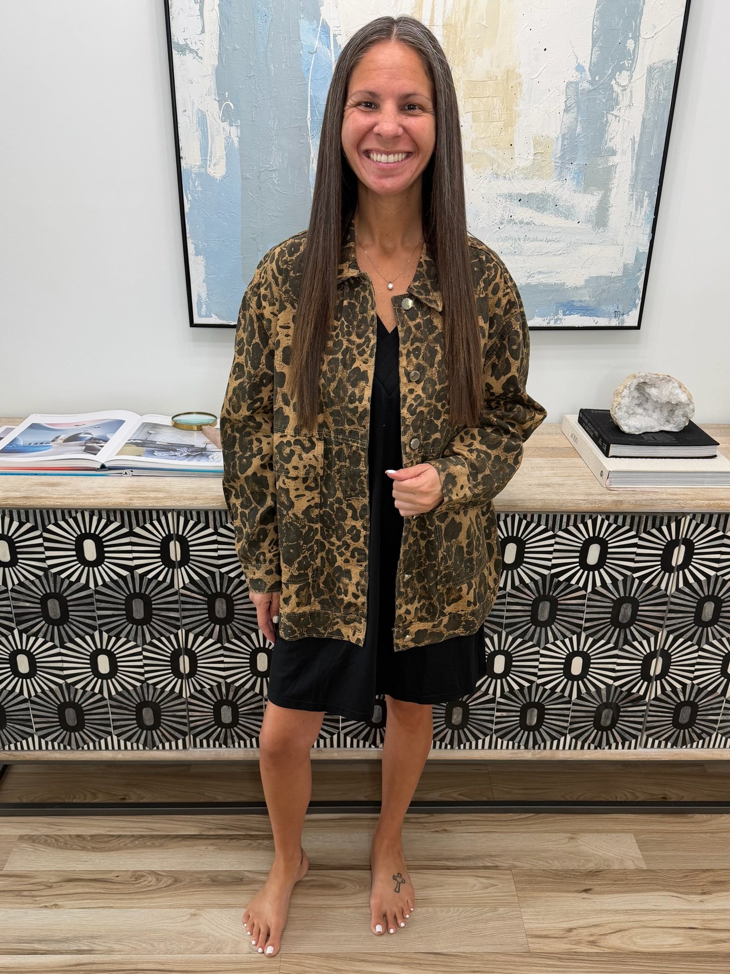 Leopard Button Up Drop Shoulder Denim Jacket