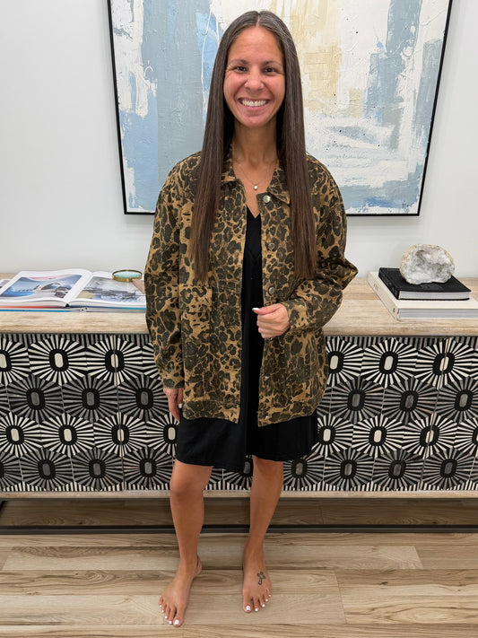 Leopard Button Up Drop Shoulder Denim Jacket