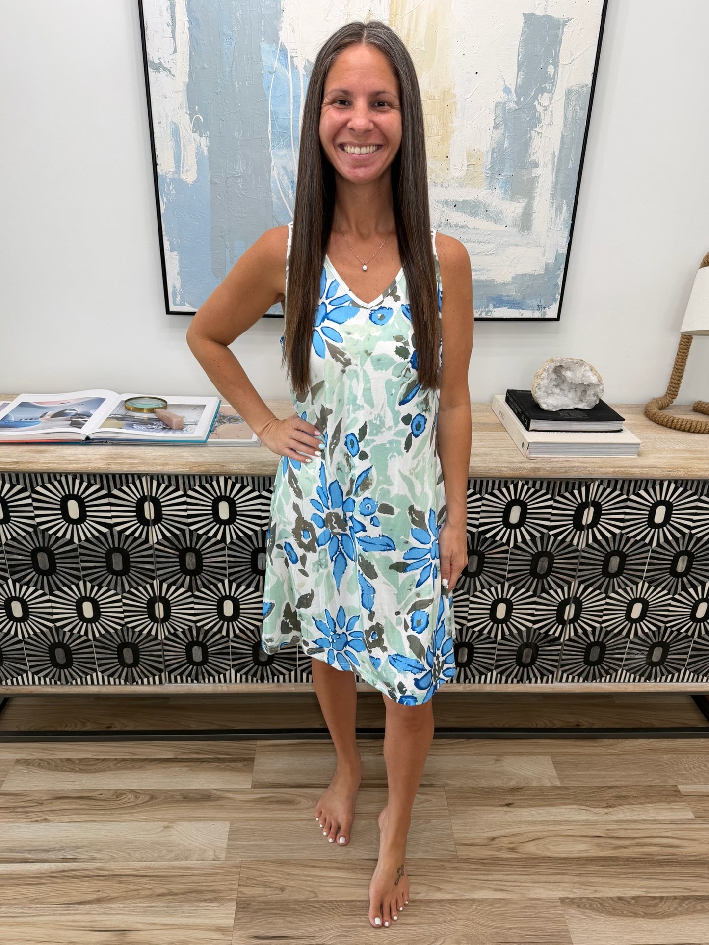 Floral Print V-Neck Crochet Back Mini Dress