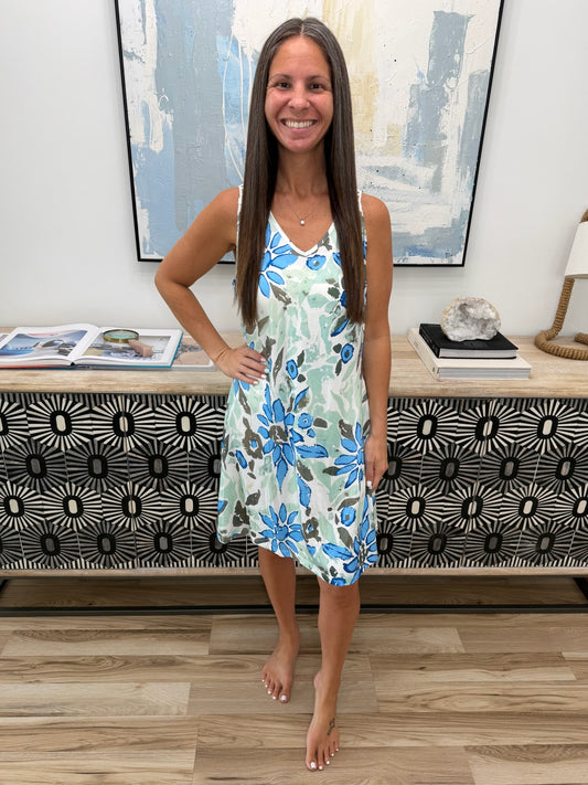 Floral Print V-Neck Crochet Back Mini Dress