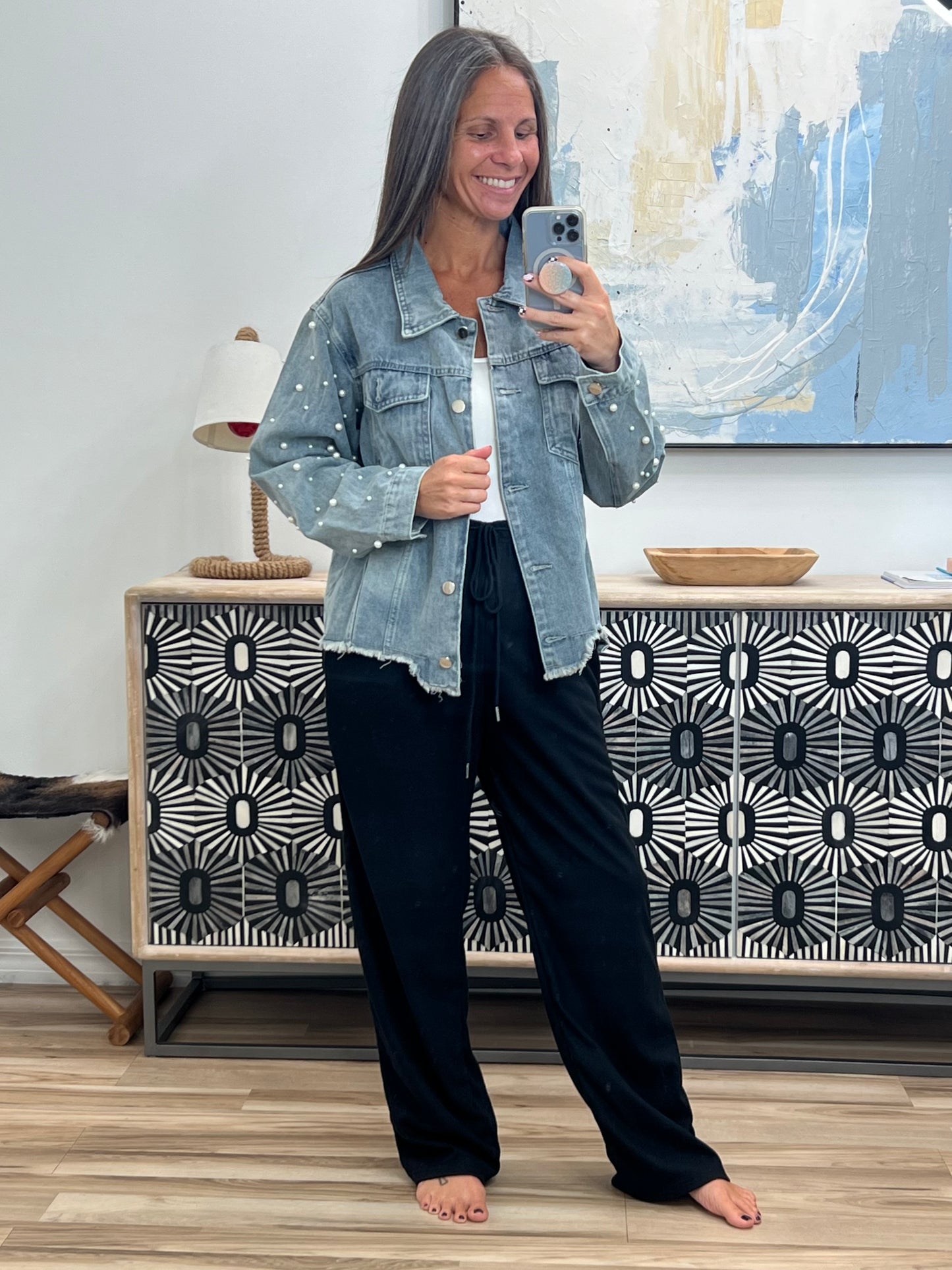 Pearl Trim Raw Hem Denim Jacket