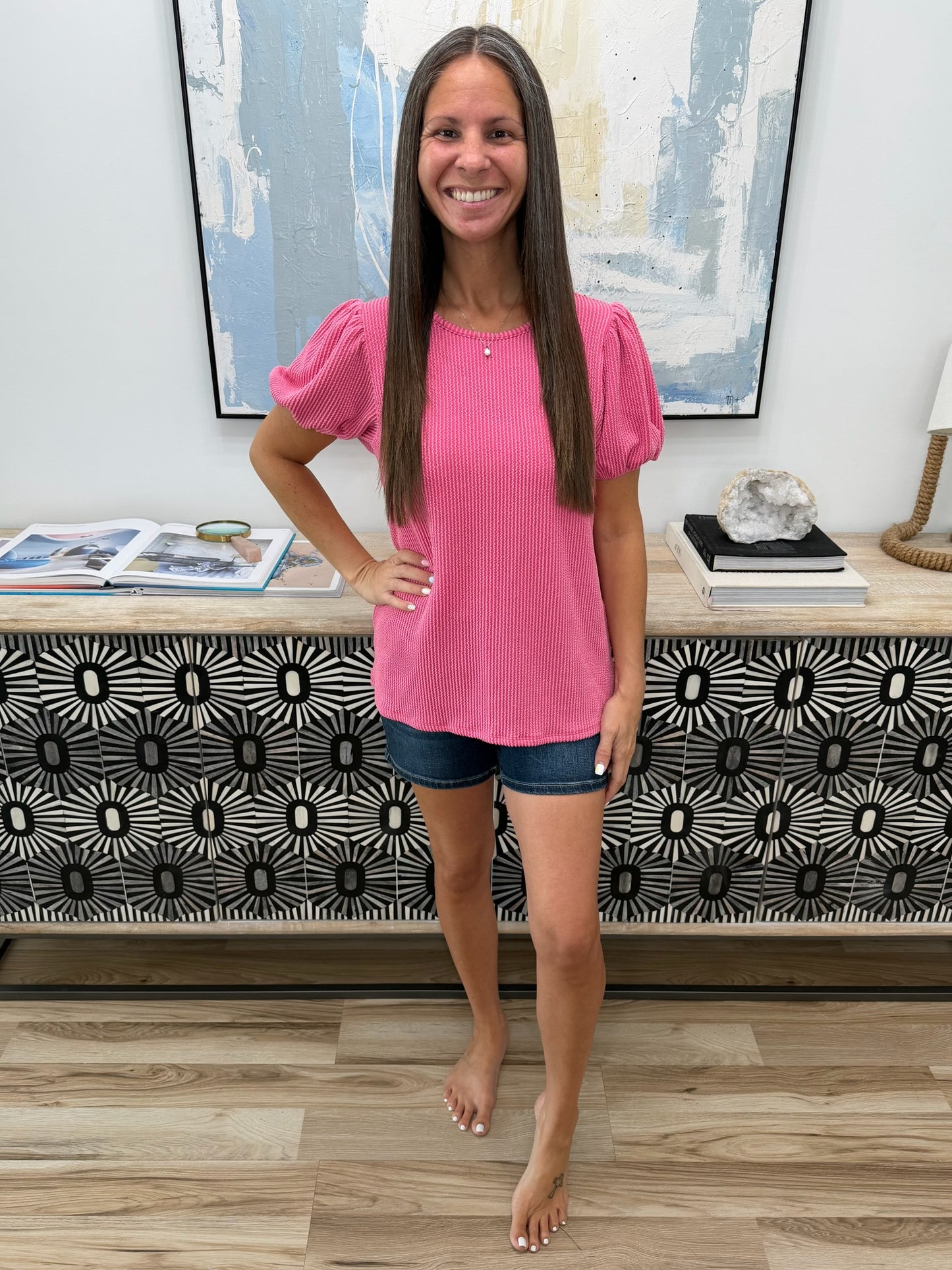 Grace & Virtue Balloon Sleeve Blouse in Coral