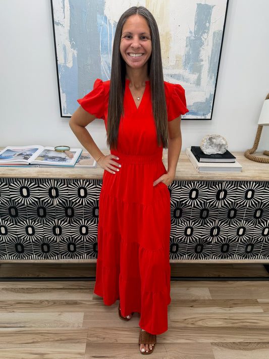 Keep You Coming Balloon Sleeve Tiered Dress in Red